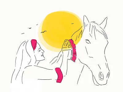 Bonding with Horse affection birds farm life farming horse horse bonding horses human illustration ipad pro layered lifestyle love minimal procreate ranch spring summer sun sunset