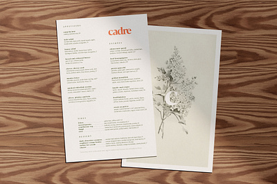 Cadre Menus art direction brand identity branding design graphic design identity menu design print print collateral restaurant restaurant branding restaurant logo restaurant menu design type typogaphy