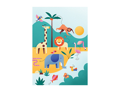 ... animals birds botanical children cute elephant flamingo illustration illustrator karolienpauly kids landscape lion nature palm tree photoshop plants sun tropical vector