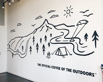 STOKED Mural black campfire coffee coffee shop illustration mural nature outdoors paint simple stoked stoked roasters tent trees wall wall art