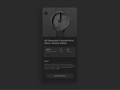 Daily UI 32 - Crowdfunding Campaign dailyui dark mode dark ui design donate elegant funding fundraising funds minimal product shadow ui ui challenge watch webdesign