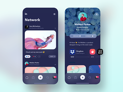 LinkedIn UI Exploration 🔭Dark Mode ✨ app app design clean colorful dark mode feed iphone iphone app linkedin microsoft minimal mobile mobile app networking product product design profile social app ui ux