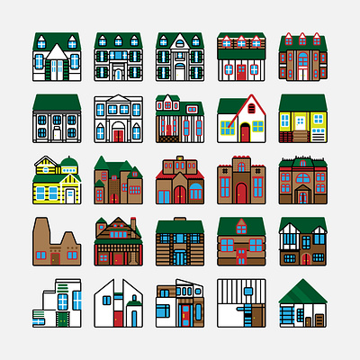 House Exterior Icons adobe illustrator architecture art deco building colonial craftsman exterior home house icon icon design icon set iconography icons logo midcentury midcenturymodern victorian