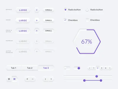 Neomorphic UI buttons checkbox clean components controls design system elements hexagon hexagonal loader minimal neomorphic neomorphism pagination soft ui styleguide switcher tabs theme ui kit