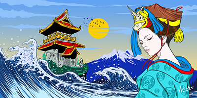 Ukiyo style wall mural for Japanese Restaurant. illustration japanese art mural ukiyo style vector wallpaper