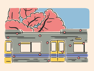 Train Below Cherry Blossoms cherry blossom cherry blossom trees clean color creative design facade flat illustration illustration japan japan train peace peaceful pink public transit public transport train trees