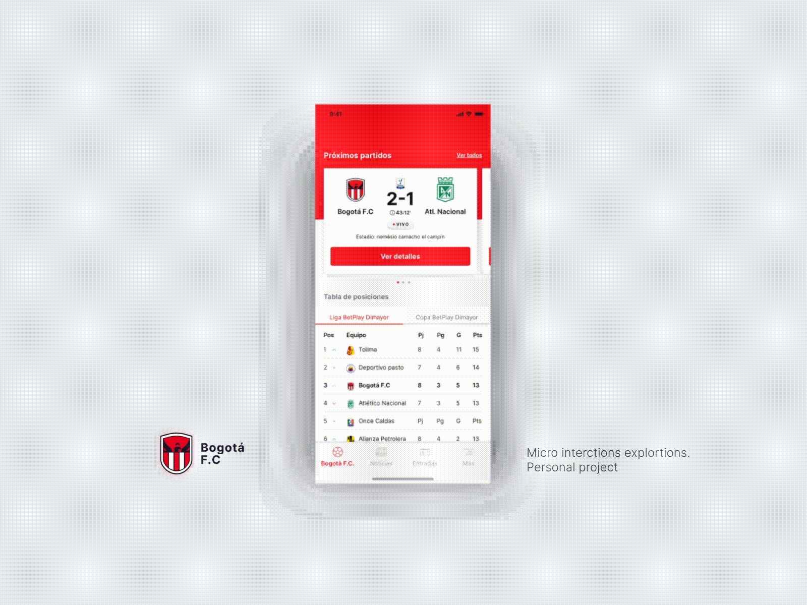 Micro Interaction Bogota FC animation app app animation interfacedesign microinteraction soccer soccer app ui ui animation uidesign visual design
