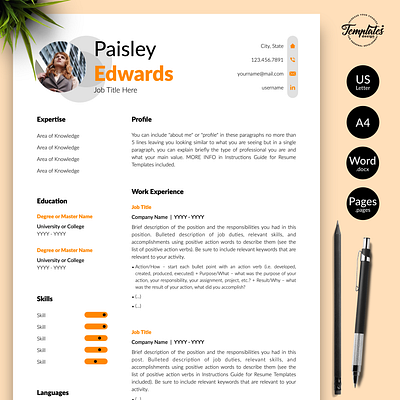 Modern Resume for Word & Pages “Paisley Edwards” 1 page resume design 2 page resume design 3 page resume design basic cv clean cv cover and resume cv template elegant resume elementary resume instant download modern resume professional resume resume for pages resume for word resume template resume template word