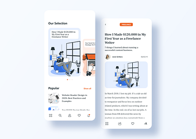 Daily UI #35 - Blog Post blog app blog design blog post blogging blue clear design dailyui dailyui 035 dailyuichallenge media minimalist mobile app mobile design mobile ui orange post reading app ui uidesign uxdesign