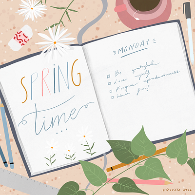 Spring Time Journal adobe fresco book illustration bullet journal digital illustration digital painting editorial illustration freelance illustrator girly lifestyleillustration organization productivity springtime