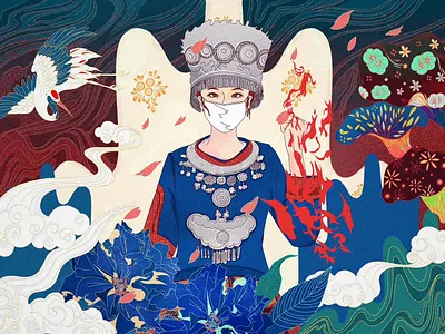 苗族——中国加油 世界加油 共抗疫情 Miao-China refueling world refueling and figh animation character design graphic design icon illustration website 插图