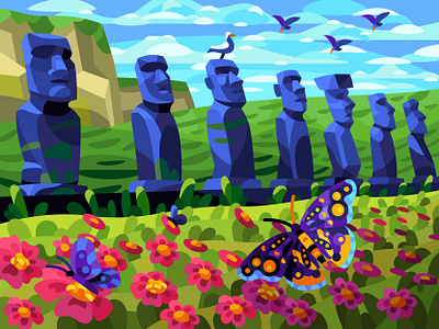 Moai on Easter Island art design digital drawing graphic illustration landscape vector