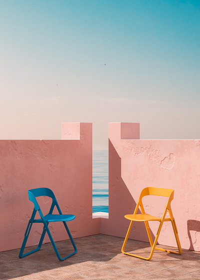 Chairs 3d abstract architecture blue chairs cinema 4d colourful mediterranean murallaroja orange pink render spain summer