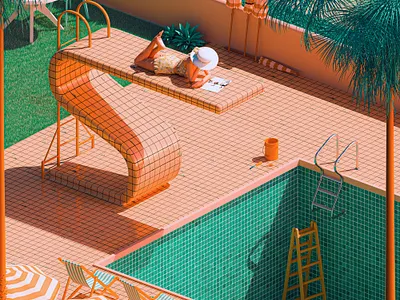 S - 36 Days of Type 7 36dayoftype 3d california cinema 4d divingboard girl green hollywood lonely magazine orange pool poster reading render retro tiles vintage woman