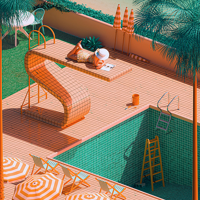 S - 36 Days of Type 7 36dayoftype 3d california cinema 4d divingboard girl green hollywood lonely magazine orange pool poster reading render retro tiles vintage woman