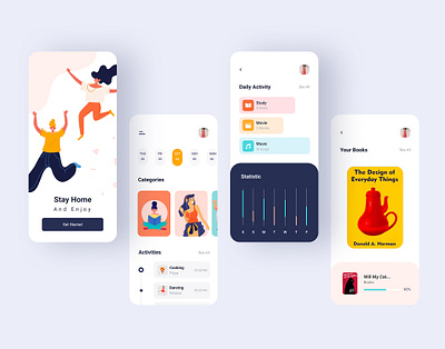 Stay Home App activity animation app book bookapp corona design figma illustraion minimal organization planning prototype quarantine task ui ux web website week