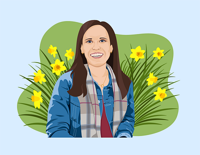 Daffodils Self Portrait daffodil digital illustration digital illustrator flat illustration flowerbed flowers girl jean jacket portrait scarf self portrait toon me vector art vector illustration woman