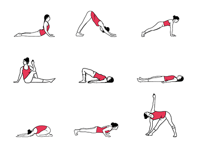 Yoga poses illustrations bridge pose child pose cobra pose corpse pose downward facing dog four limbed staff pose illustration plank seated half spinal twist tree pose triangle pose vector women yoga yoga pose