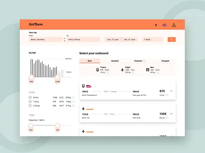 Search // Travel site // DailyUI 022 bus clean ui comparison dailyui dailyui 022 filtering filters flight search search search results train travel comparison travel web travel website ui ux webdesign website