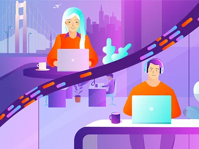 Video call between co-workers 2d after effects animation boy burnwe cafe call city co workers creative dribbble explainer girl headphones illustration office san francisco trend video