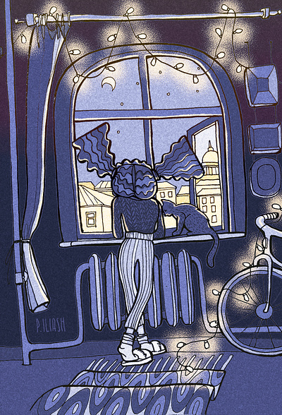 Lora & Saint-Petersburg's roofs bicycle cat cold feeling girl illustration light night window