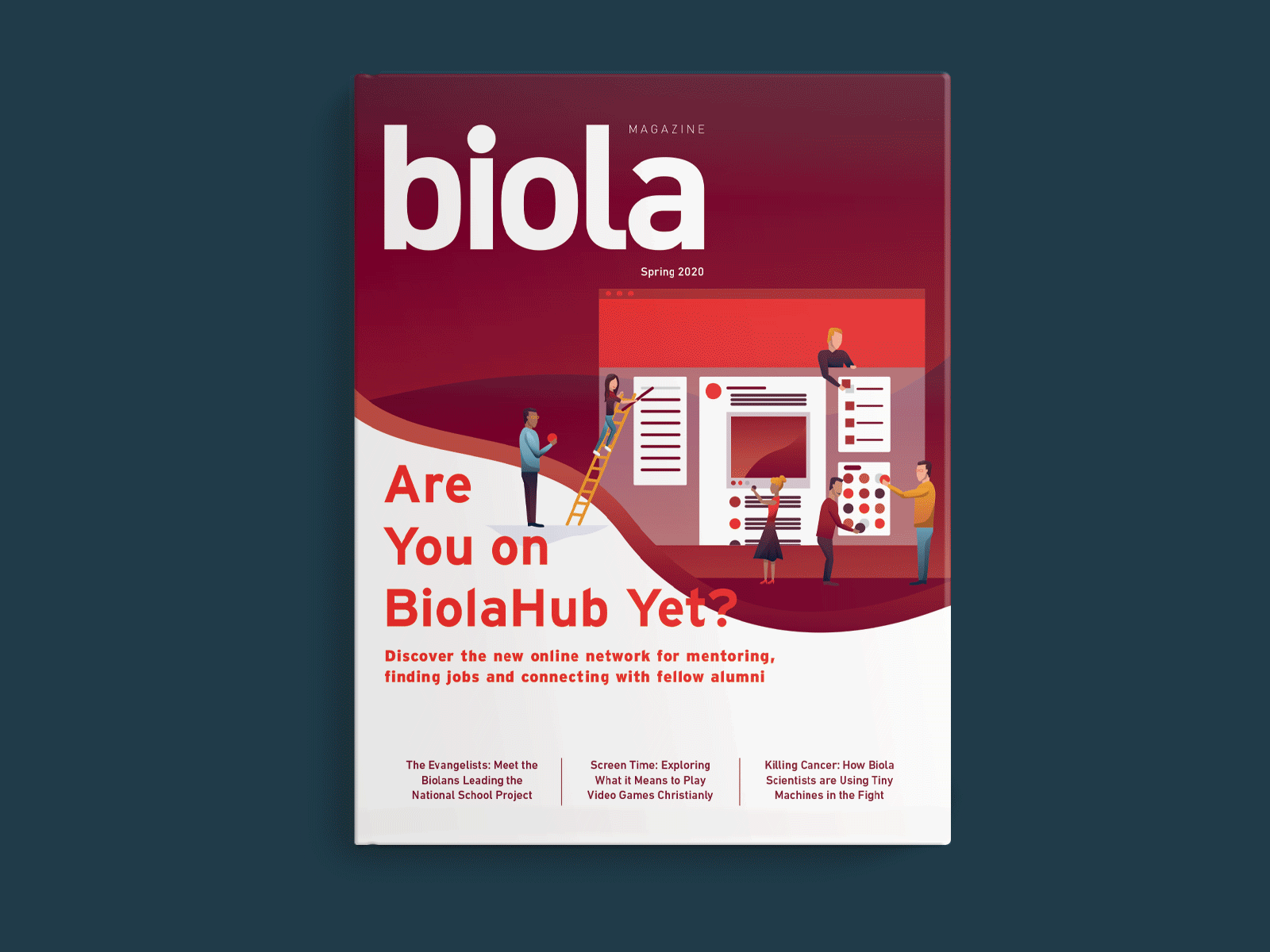 Final Magazine alumni article biola blue branding building computer design feature gradient hub illustraion landscape layout magazine network people red university website