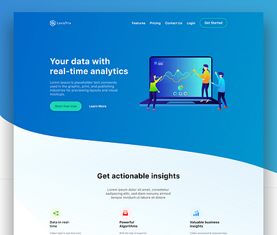 Locatrix Analytics - Landing Page analytics blue clean design dailyui flat gain illustration landing page ui uiux user experience userinterface ux