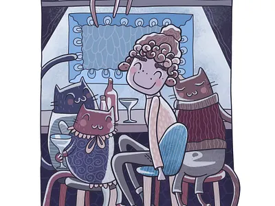 Evening with lovely kittens bar book cafe cat children cold friend girl illustration light night party