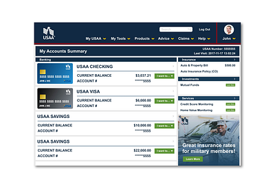 USAA Banking - Visual UI Redesign Concept Project adobe app application bank banking blue design product design ui ui design ux ux design