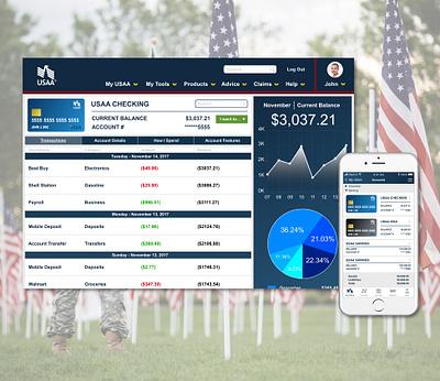 USAA Banking - Visual UI Redesign Concept Project adobe app application bank banking blue design product design ui ui design ux ux design