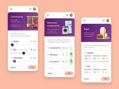 Carbon Footprint App Concept app carbon carbon footprint commuting concept data device environment food footprint nature settings switch ui