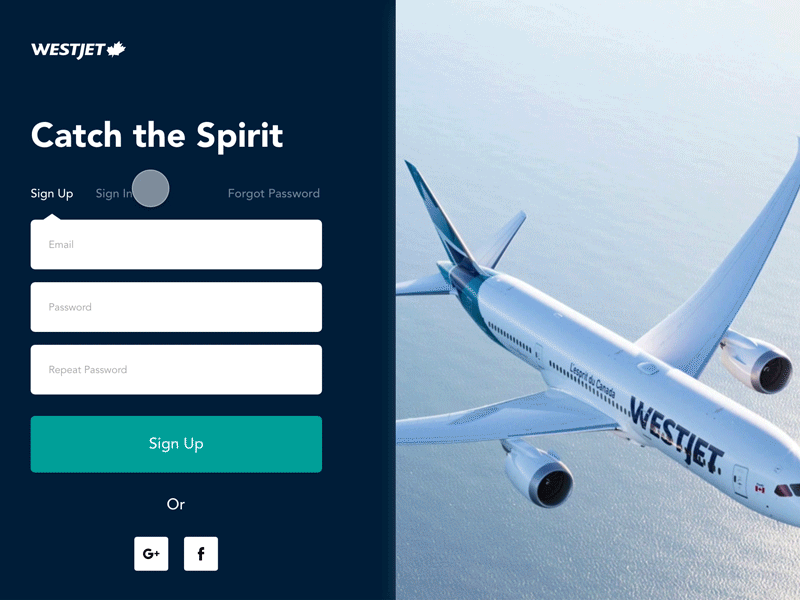 WestJet Onboarding Page Redesign adobexd app redesign branding dailyui design fields forgot password forgot password form motion design onboarding screen onboarding screens plane prototyping sign in form sign in page sign up form split screen ui uichallenge westjet