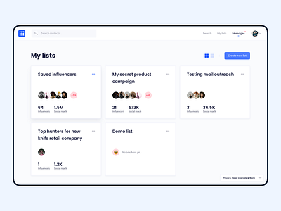 Influencer Marketing Platform – Lists Feature Exploration app connections crm footer influencer influencer marketing listing management product social media ui ux web