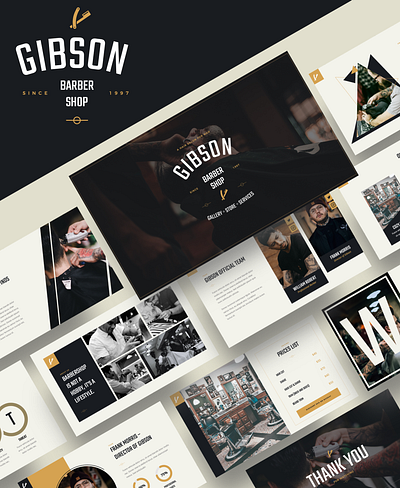 GIBSON – Barbershop & Shaving Powerpoint Template barber barber shop barbershop barbershop powerpoint beard beauty business classic gentleman grooming hair haircut hairstyle hipster male man mustache retro salon shave