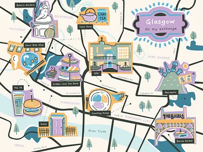 Glasgow Map 📍🏴󠁧󠁢󠁳󠁣󠁴󠁿 art school beer burger city city illustration design exchange food glasgow illustration map map illustration memories river scones scotland sculpture illustration tea uk university