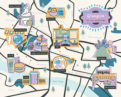 Glasgow Map 📍🏴󠁧󠁢󠁳󠁣󠁴󠁿 art school beer burger city city illustration design exchange food glasgow illustration map map illustration memories river scones scotland sculpture illustration tea uk university