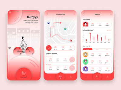 Cycling App Design - Burnyyy app app design bike branding burn cycling design illustration logo map minimal mobile app product design ride route simple sport ui ux