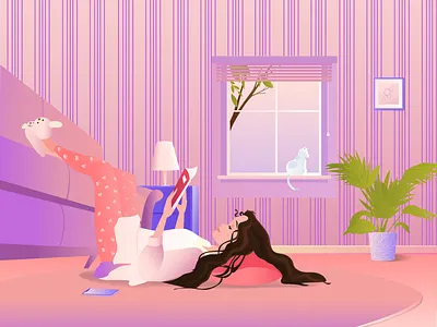 Girl reading a book 2020 2d adobe book cat explainer explainer video girl home illustration illustrator pejama phone pink reading sofa trend window