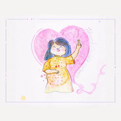 The One where Antara becomes MOM! announcement character illustration kawaii post pregnancy watercolor