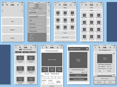 Lids Product Redesign Concept Project Wireframes adobe app application blue design lids nfl product design sports ui ui design ux ux design wireframes