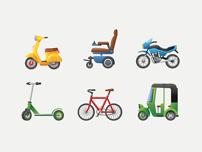 Emoji transport 3 bicycle emoji icon illustration motorcycle motorsport rickshaw scooter sport transport ui ux vector wheelchair