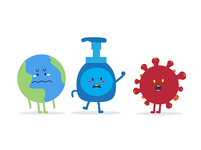 Hand Sanitizer, Earth and Corona Virus art care cartoon character corona coronavirus covid19 design earth flat hand sanitizer hand wash health healthcare illustration logo pandemic vector