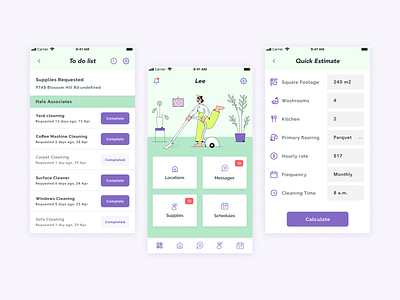 Lee: Janitorial Mobile App for Cleaning Companies app character character design cleaning company cleaning service cleaning services estimation illustration illustration 2d illustration design illustrations janatorial mobile app mobile app design mobile application mobile design mobile ui product design todolist vector design