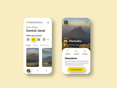 Central Java Travel App - UI Travel App adobe illustrator app app design application design design app indonesia mobil mobile app mobile ui mountain tour travel travel app traveling ui ui design uiux yellow