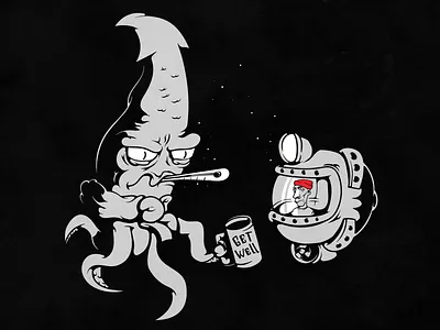 The Adventures of Jacques-Yves Cousteau bw characters deep sea humor illness illustration monochrome red hat sick sickness squid underwater vector vectorart