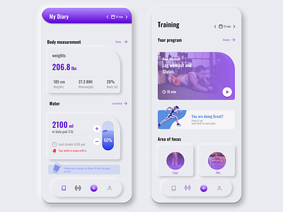 Deit and trainning app-neumorphism Design2 app branding dailyui design figma figmadesign fitness fitness app mobile moblieapp neumorph neumorphic neumorphism softui ui