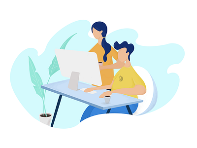 TEAM WORK atmosphere blue clean designer designers desk girl illustration illustrations man minimal office office mood office work procreate teamwork