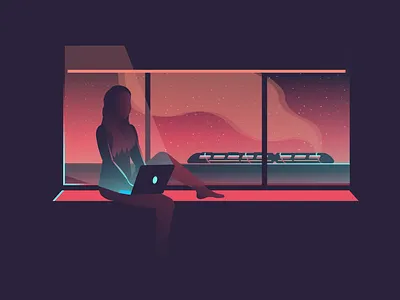 Eat, sleep, sims, repeat. adobe adobeillustrator design illustration laptop lockdown quarantine sims stars sunset train view window