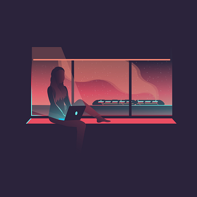 Eat, sleep, sims, repeat. adobe adobeillustrator design illustration laptop lockdown quarantine sims stars sunset train view window