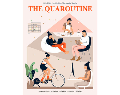 Quarantine magazine activity character design graphic home illustration indoor laptop lockdown mobile pastel people plant quarantine read sport vector woman